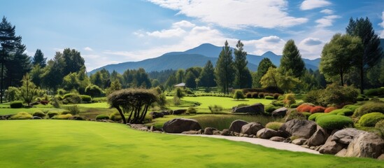 Poster - Lush landscaped garden with vibrant green lawns, serene rock ponds, trees in foreground, majestic mountains and blue sky in background.