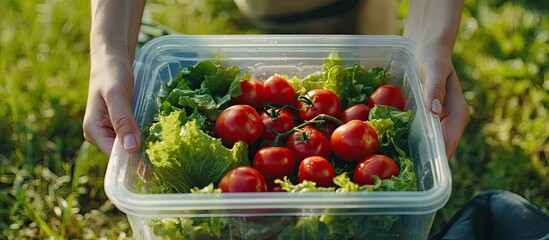 Poster - Freshly harvested red tomatoes and green lettuce in a clear plastic container held by hands against a vibrant green field background.