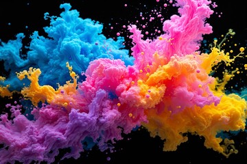 Poster - Abstract colorful plumes of vibrant pink, blue, yellow, and purple hues on a black background.