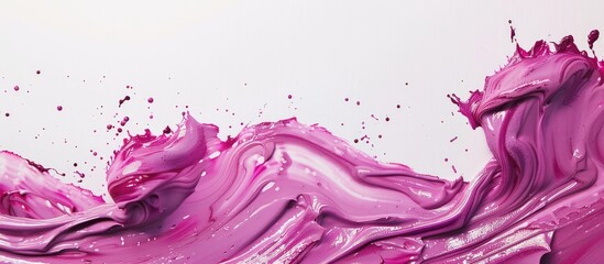 Poster - Magenta paint creates a dynamic textured wave on a white background with splashes of color positioned centrally for copy space use