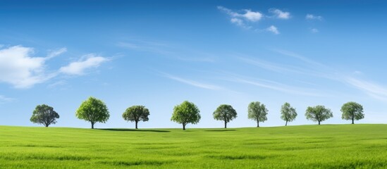 Leinwandbilder - Lush green grass landscape featuring a uniform line of ten leafy trees under a clear blue sky with subtle white clouds in the background
