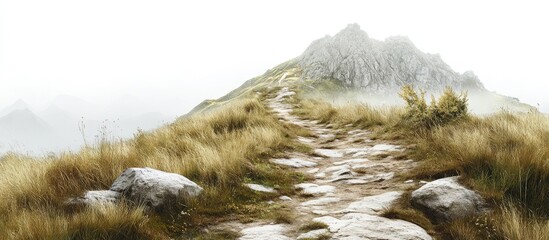 Aufkleber - Mountain path winding through lush green grass with rocky edges under soft misty mountains in background creating a serene and tranquil atmosphere.