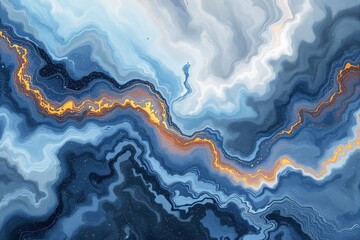 Poster - Abstract fluid art with blue and orange wavy patterns on light background.