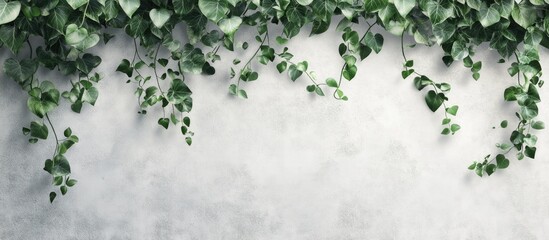 Fototapete - Dense green ivy vines cascading down from an upper position against a light gray textured background creating a tropical and serene atmosphere.