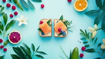 Wall Mural -   Two slices of bread topped with salmon, berries, and orange slices on a blue background with surrounding foliage and blooms