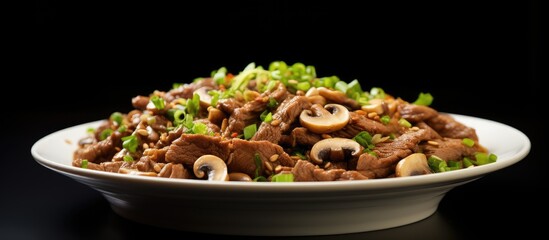 Aufkleber - Vibrant plate of semi-finished vegan beef stroganoff with textured soy meat garnished with fresh green onions and sliced mushrooms against a black background.