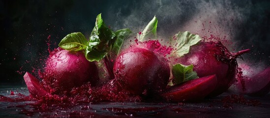 Aufkleber - Vibrant red radishes with green leaves splashing red water droplets against a dark background showcasing freshness and vitality in produce photography
