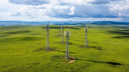 Aufkleber - An aerial view of multiple cell phone towers scattered across a green landscape, highlighting their presence in rural areas and the connectivity they provide.