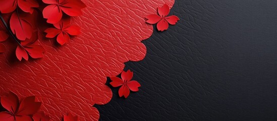 Aufkleber - Red cherry blossom petals on textured red paper against a solid black background with a wavy edge creating an elegant and vibrant contrast.