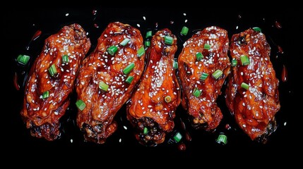 Poster - An artistic image of fried chicken wings glistening with a honey glaze, garnished with sesame seeds and green onions, emphasizing the dish's sweetness.