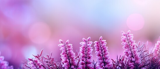 Aufkleber - Vibrant purple heather flowers in a soft-focus foreground on a bright pastel background creating ample attractive copy space for promotional use