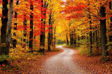 Poster - Autumn forest path with vibrant fall foliage.