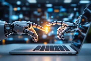 Aufkleber - Futuristic robotic hands touching with glowing light bulb between them, symbolizing AI innovation, on blurred technology background.