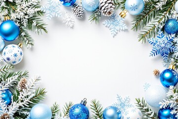 Poster - Christmas-themed white background with blue and white ornaments and green pine branches decorated with snowflakes.