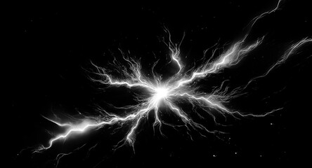 Aufkleber - White energy branches out like lightning from a central point against a stark black backdrop, creating a dramatic, high-contrast abstract effect.