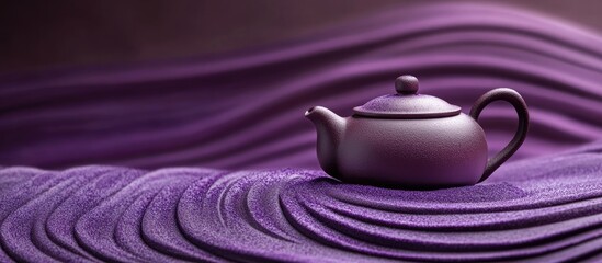 Poster - Elegant Yixing clay teapot rests on undulating purple sand waves, showcasing its rich texture and color, highlighting traditional craftsmanship.