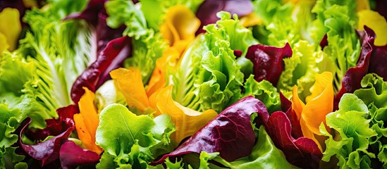 Aufkleber - Vibrant mixed salad featuring frisee, radicchio, corn, and carrot set against a soft blurred backdrop with green and purple hues.