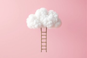 Poster - Ladder made of rope leading into a fluffy white cloud against a soft pink background.