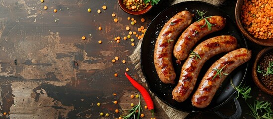 Poster - Rustic flat lay of grilled sausages on a dark plate surrounded by lentils and herbs with earthy tones and ample copy space on the left side