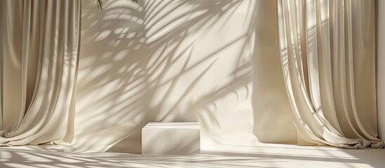 Aufkleber - Elegant product display on beige backdrop featuring white satin draping, square podium, and soft palm tree shadows creating tranquil ambiance.