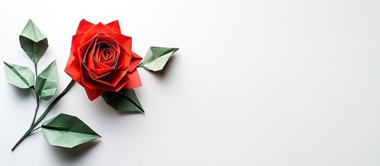 Aufkleber - Elegant red origami rose with vibrant green leaves positioned on the right side against a clean white background symbolizing love and romance.