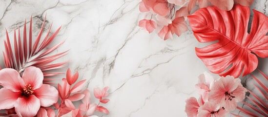 Aufkleber - Elegant pink floral composition on a textured marble background featuring tropical leaves and blossoms arranged in the top and bottom corners.