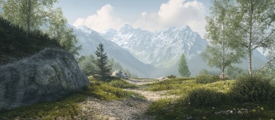 Fototapete - Serene mountain landscape featuring lush green grass and rocky paths leading to snow-capped peaks under a clear blue sky with soft clouds.