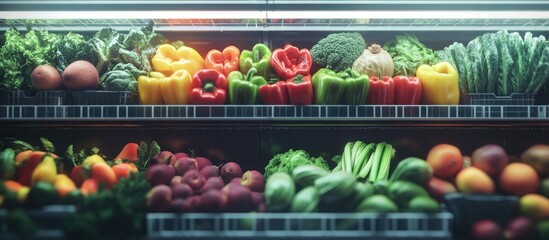 Poster - Vibrant assortment of fresh fruits and vegetables in a well-stocked refrigerator, featuring green, red, and yellow produce for optimal nutrition.