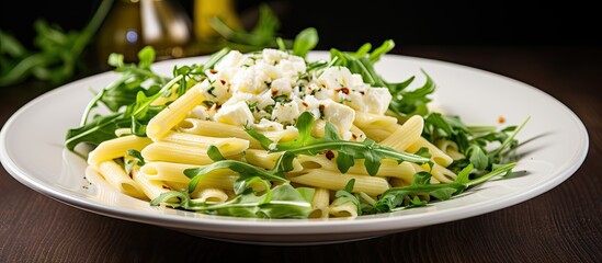 Poster - Creamy pasta topped with marinated feta cheese and fresh arugula garnished with pine nuts on a white plate against a dark wooden background