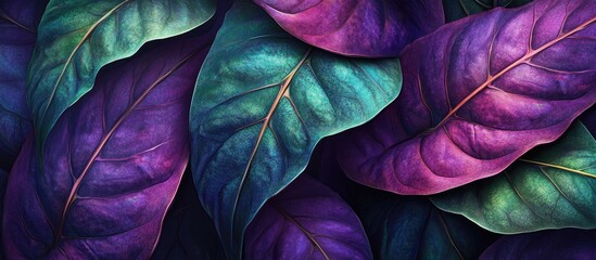Aufkleber - Vibrant close-up of lush leaves showcasing a blend of deep purples and rich greens with intricate textures and stunning natural patterns.