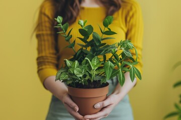 Detailed Color Image of Woman Holding Potted Plants