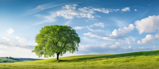 Aufkleber - Lush green linden tree centered on a rolling hill in a vibrant summer meadow under a bright blue sky with fluffy white clouds