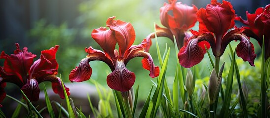 Poster - Dark red irises blooming in vibrant green garden with soft sunlight filtering through, showcasing fresh spring and summer elements in serene setting.
