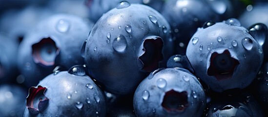 Aufkleber - Close-up shot of vibrant blue blueberries clustered together, displaying glistening water droplets atop their surfaces on a soft focus background.