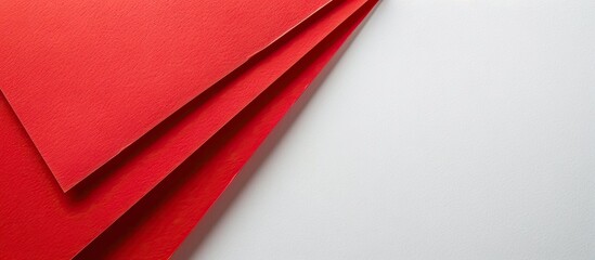 Poster - Red sheets of paper arranged diagonally on the lower left corner with ample white background creating a minimalist and modern composition.