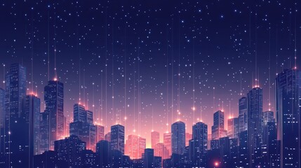 Poster - Night city skyline, digital data streams, futuristic background, tech concept