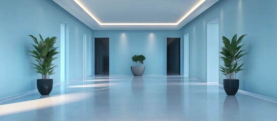 Fototapete - Modern minimalist hallway with light blue walls, bright floor tiles, two symmetrical green plants in black pots, and soft ceiling lighting.