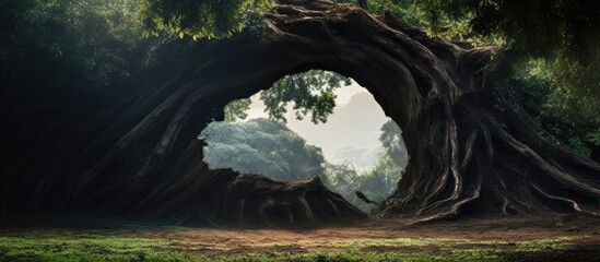 Fototapete - Hollow tree struck by lightning surrounded by lush greenery and soft sunlight creating a serene atmosphere with ample copy space on a forest trail