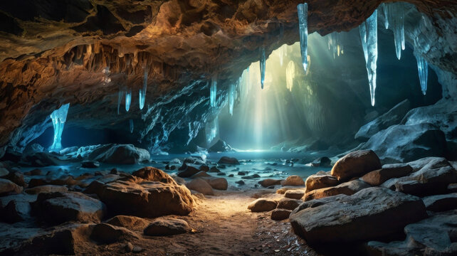 Photo of a cave pathway with mysterious scene. Copy space.