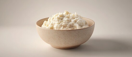 Aufkleber - Creamy white curd in a textured light beige bowl centered on a neutral background, representing freshness and simplicity in culinary art.