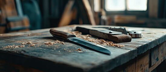 Leinwandbilder - Woodworking tools including a knife and hand plane on a rustic wooden table with shavings, warm earthy tones, soft natural light from a window.