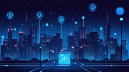 Poster - Smart city at night, GPS tracking, digital future