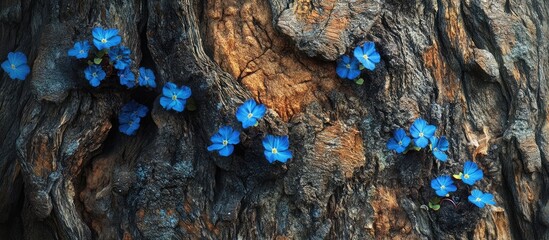 Aufkleber - Textured tree bark background featuring vibrant blue flowers scattered across the surface, creating a striking contrast with earthy tones.
