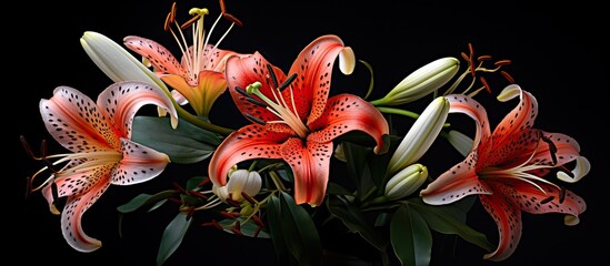 Poster - Vibrant display of Lilium Black Beauty OT Hybrid lilies featuring red and white petals with green leaves against a dark backdrop for striking contrast.