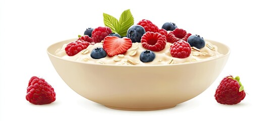 Poster - Bowl of oatmeal topped with fresh raspberries strawberries and blueberries on a light background vibrant colors healthy breakfast top view