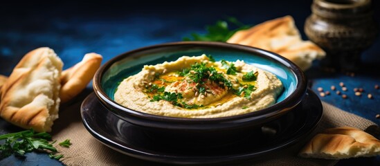 Aufkleber - Homemade creamy hummus topped with olive oil and herbs in a blue bowl, surrounded by lavash bread, set on a dark textured background.