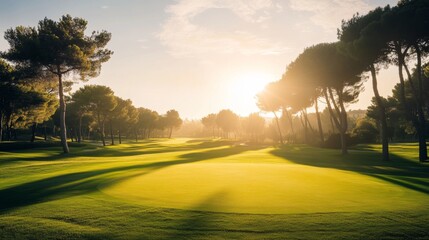 Aufkleber - A beautiful golf course at sunrise, with soft light illuminating the fairways, greens, and surrounding trees, creating a peaceful morning atmosphere.