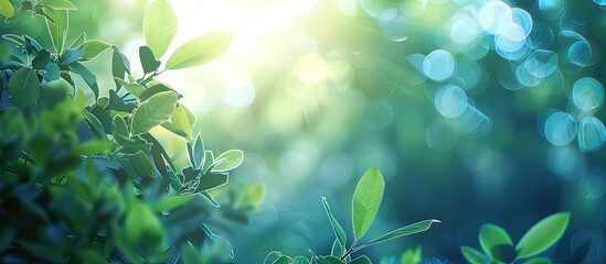 Aufkleber - Nature inspired soft green blurred backdrop featuring sunlight filtering through foliage with vibrant green leaves and ample copy space on the right