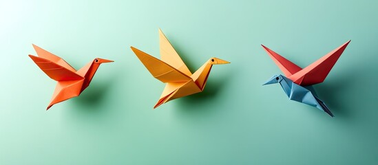 Aufkleber - Colorful origami birds in vibrant orange, yellow, and blue positioned on a soft green background creating a playful and artistic atmosphere.