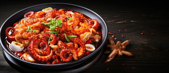 Poster - Braised Spicy Seafood with Octopus in a black bowl garnished with green onions on a dark wooden table featuring star anise and red spices.